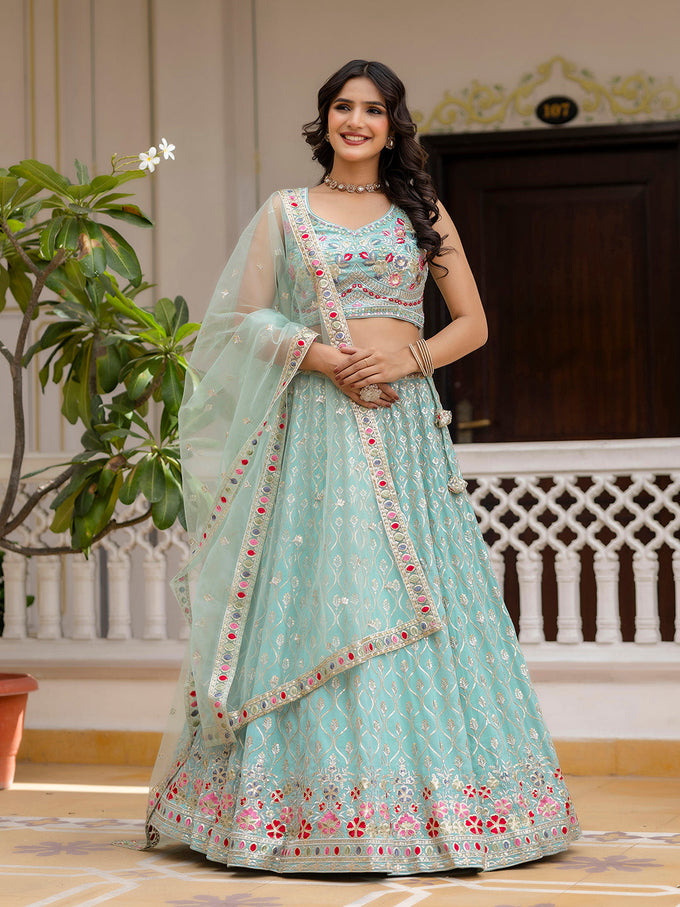 LightGreen Georgette Embroidery Sequence Work Semi-Stitched Lehenga Choli with Dupatta For Women Trendmalls