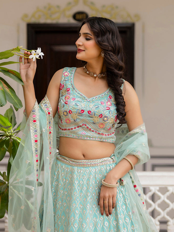 LightGreen Georgette Embroidery Sequence Work Semi-Stitched Lehenga Choli with Dupatta For Women Trendmalls