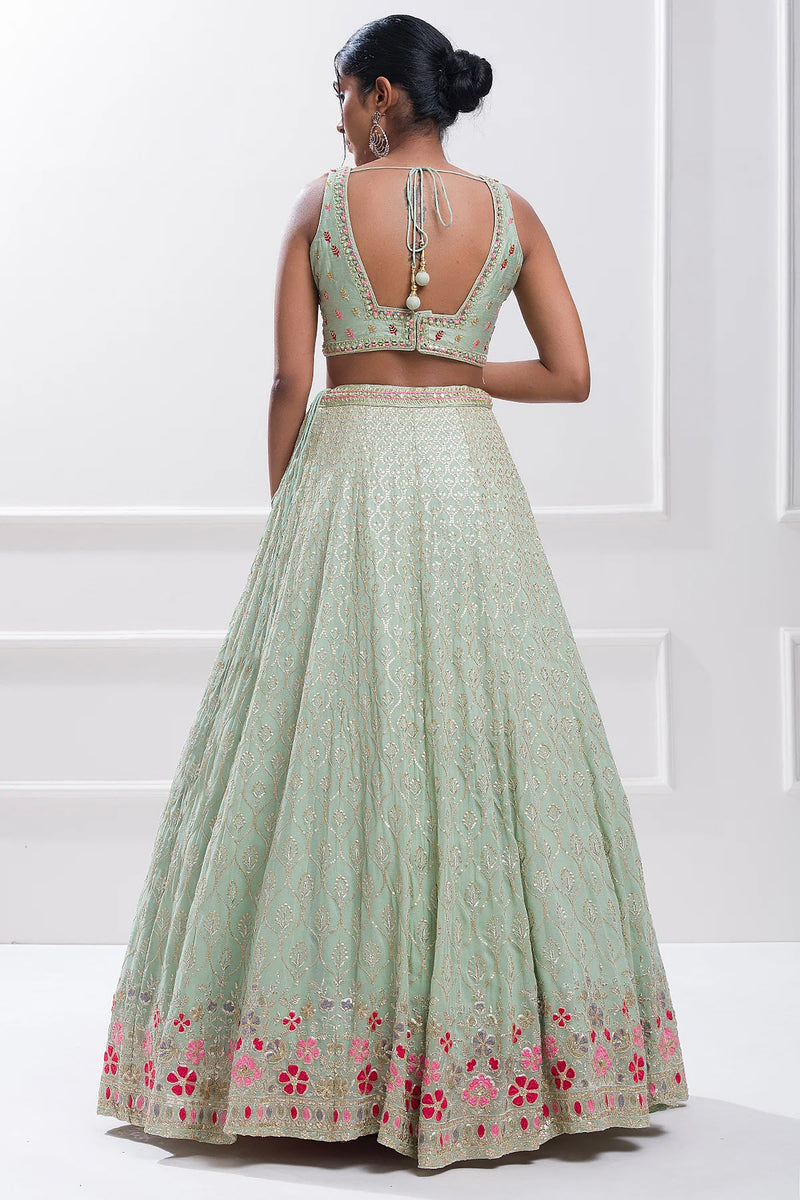 LightGreen Georgette Embroidery Sequence Work Semi-Stitched Lehenga Choli with Dupatta For Women