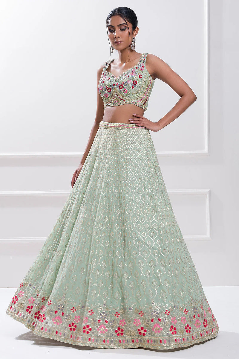 LightGreen Georgette Embroidery Sequence Work Semi-Stitched Lehenga Choli with Dupatta For Women