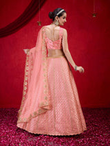 Pink Satin Embroidery Sequence Work Semi-Stitched Lehenga Choli with Net Dupatta For Women