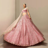 Pink Satin Embroidery Sequence Work Semi-Stitched Lehenga Choli with Net Dupatta For Women