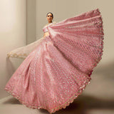 Pink Satin Embroidery Sequence Work Semi-Stitched Lehenga Choli with Net Dupatta For Women