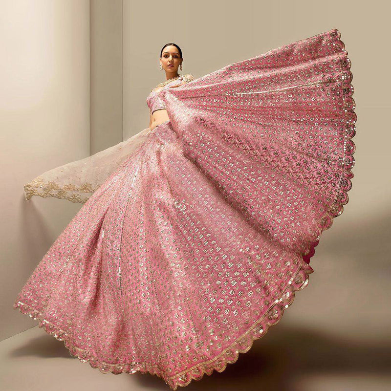 Pink Satin Embroidery Sequence Work Semi-Stitched Lehenga Choli with Net Dupatta For Women