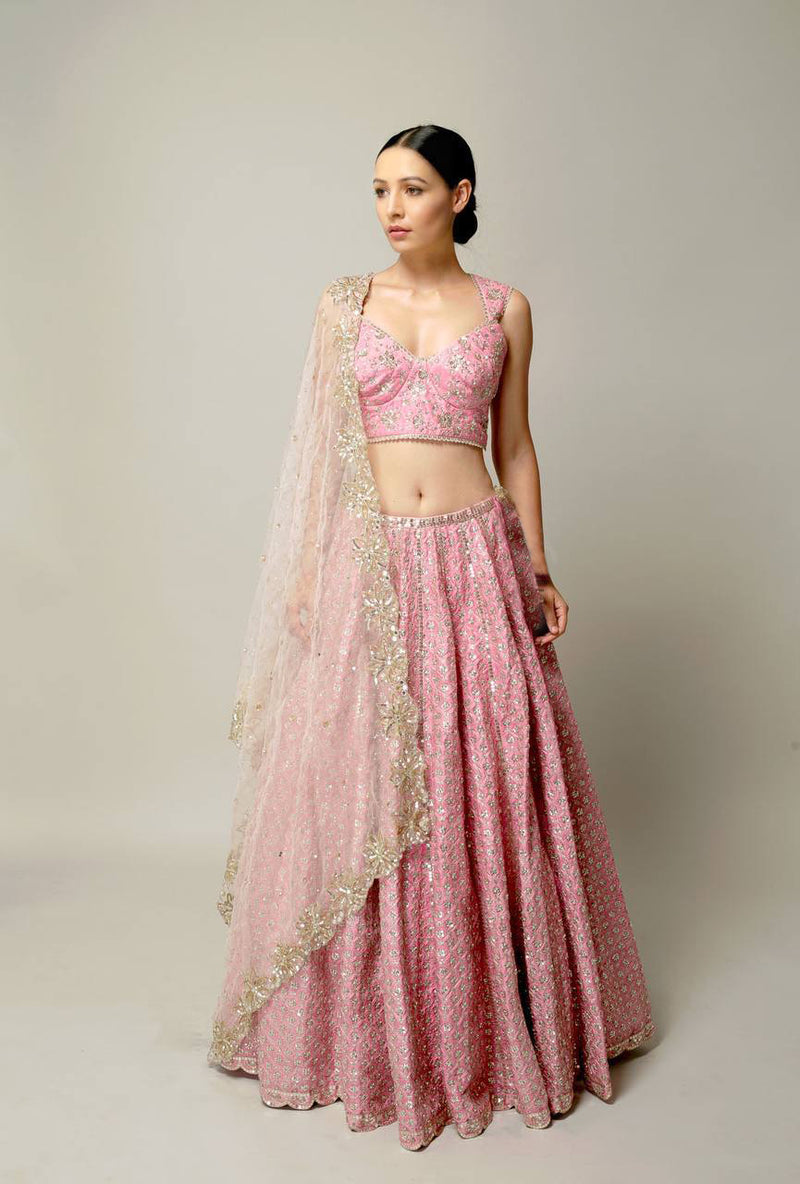 Pink Satin Embroidery Sequence Work Semi-Stitched Lehenga Choli with Net Dupatta For Women