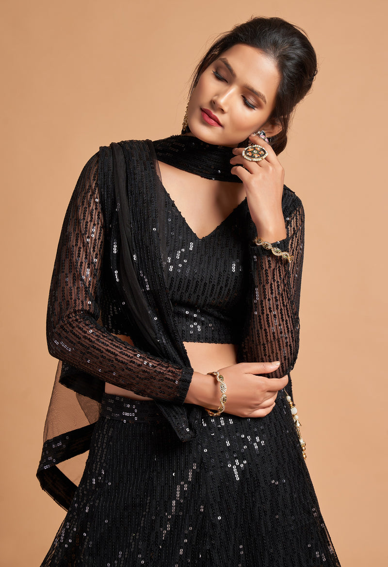 Black Net Sequin Embroidery Lehenga Choli with Dupatta |Bridal Party Stylish Wedding Lehenga Choli for women