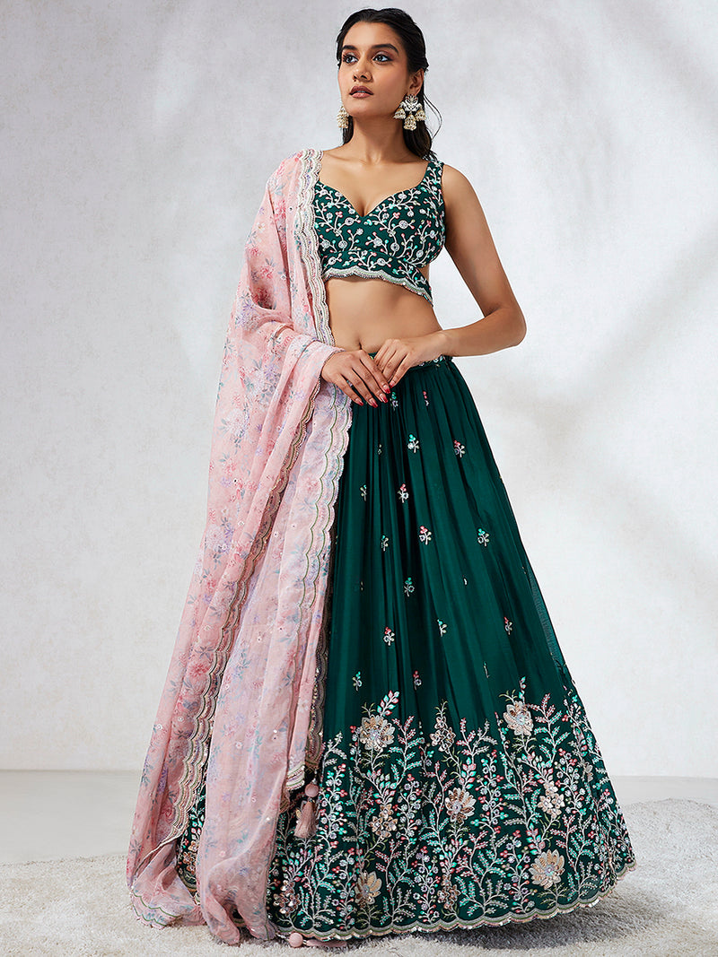 Darkgreen Chiffon Embroidery work Lehenga Choli with Floral Print Dupatta for Women