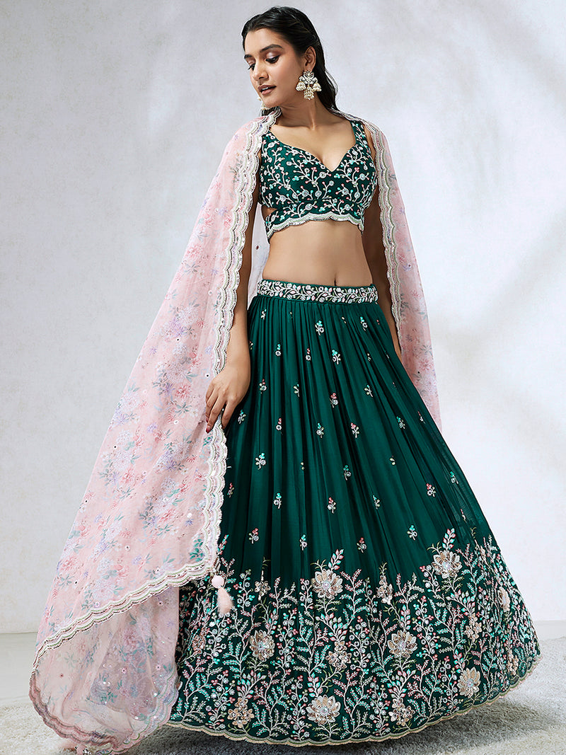 Darkgreen Chiffon Embroidery work Lehenga Choli with Floral Print Dupatta for Women