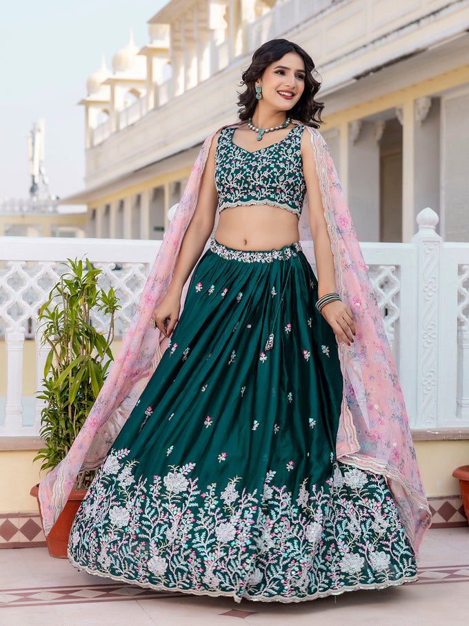 Darkgreen Chiffon Embroidery work Lehenga Choli with Floral Print Dupatta for Women Trendmalls