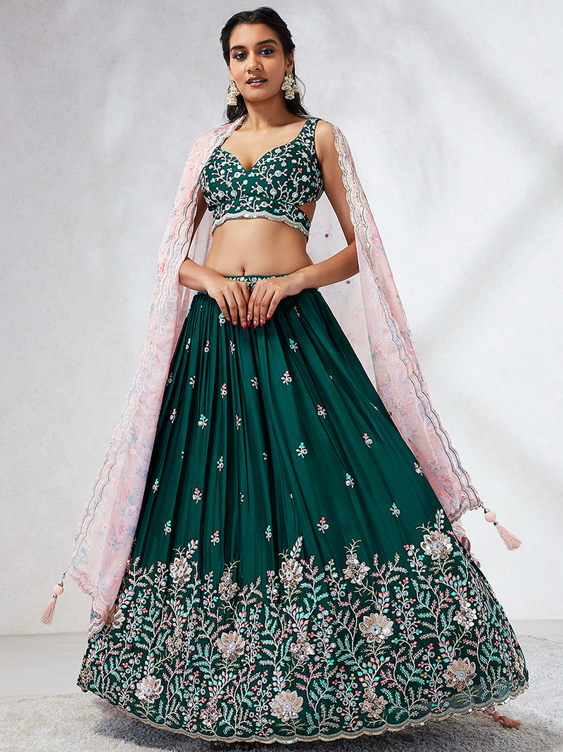 Darkgreen Chiffon Embroidery work Lehenga Choli with Floral Print Dupatta for Women