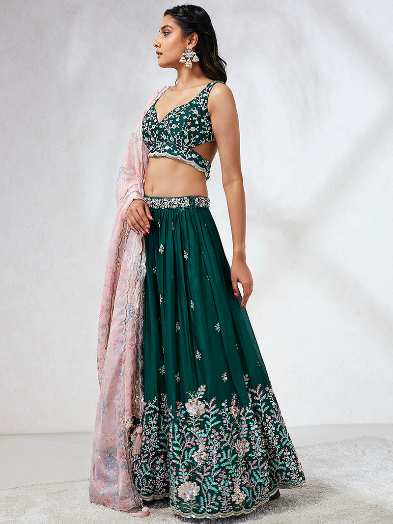Darkgreen Chiffon Embroidery work Lehenga Choli with Floral Print Dupatta for Women
