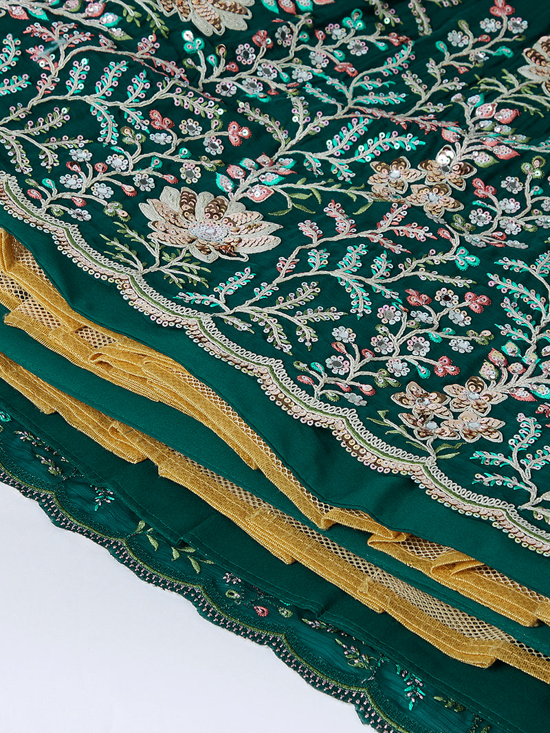 Darkgreen Chiffon Embroidery work Lehenga Choli with Floral Print Dupatta for Women