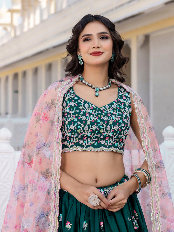 Darkgreen Chiffon Embroidery work Lehenga Choli with Floral Print Dupatta for Women Trendmalls