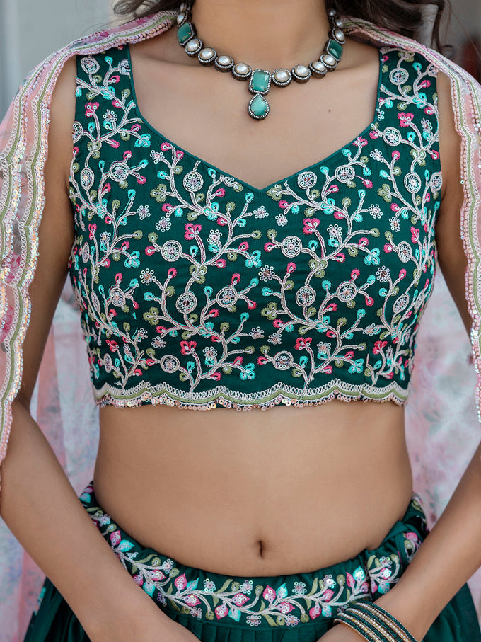 Darkgreen Chiffon Embroidery work Lehenga Choli with Floral Print Dupatta for Women Trendmalls