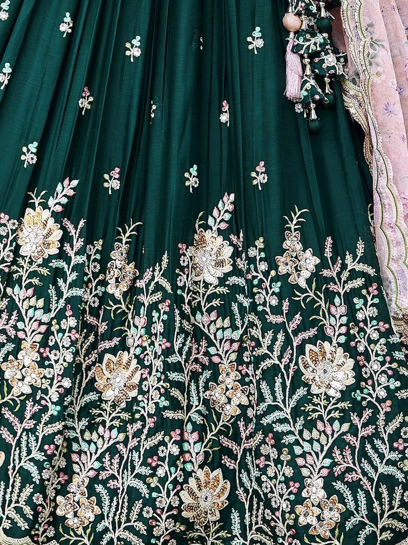 Darkgreen Chiffon Embroidery work Lehenga Choli with Floral Print Dupatta for Women