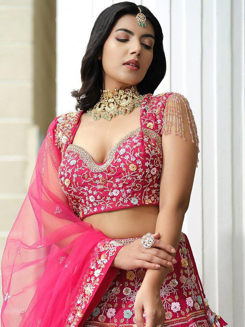 Pink Satin Embroidery Lehenga Choli with Dupatta | Bridal Party Stylish Wedding Lehenga Choli for women