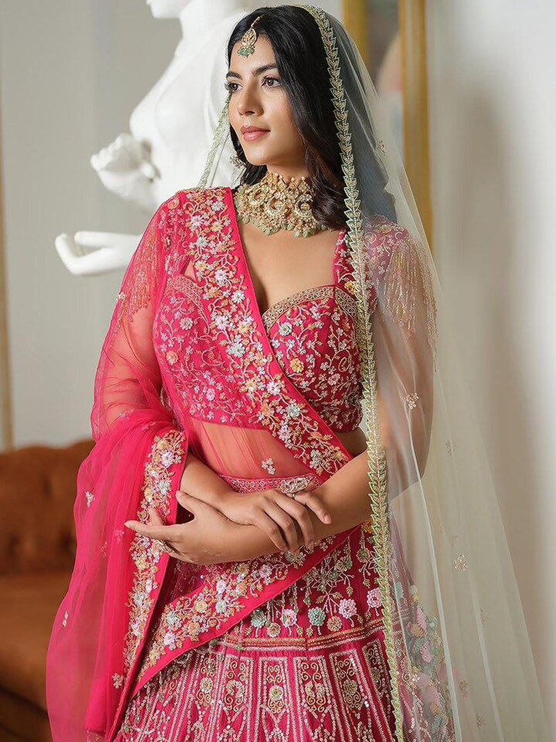 Pink Satin Embroidery Lehenga Choli with Dupatta | Bridal Party Stylish Wedding Lehenga Choli for women