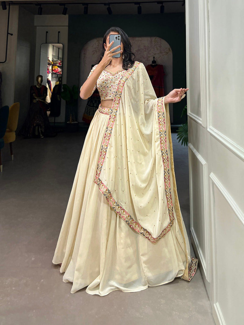 Cream Georgette Embroidery work Lehenga Choli with Dupatta | Bridesmaid Wedding Lehenga Choli for women