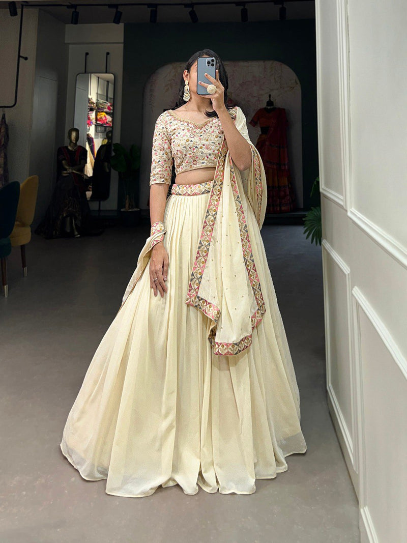 Cream Georgette Embroidery work Lehenga Choli with Dupatta | Bridesmaid Wedding Lehenga Choli for women