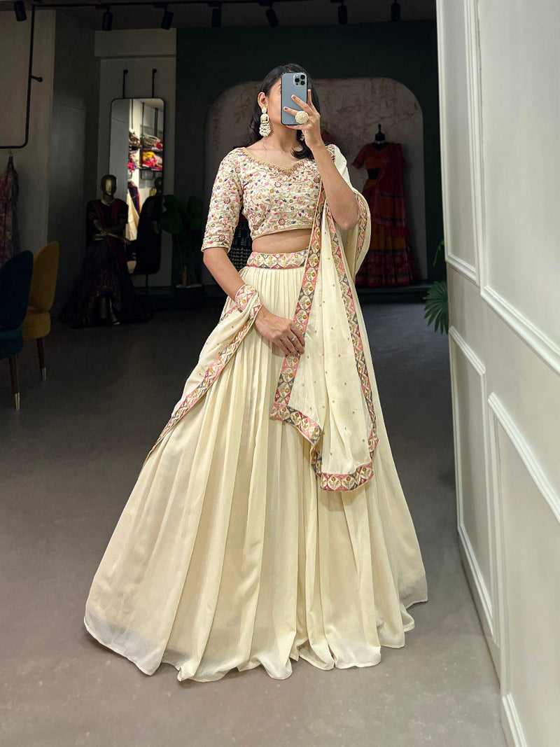 Cream Georgette Embroidery work Lehenga Choli with Dupatta | Bridesmaid Wedding Lehenga Choli for women