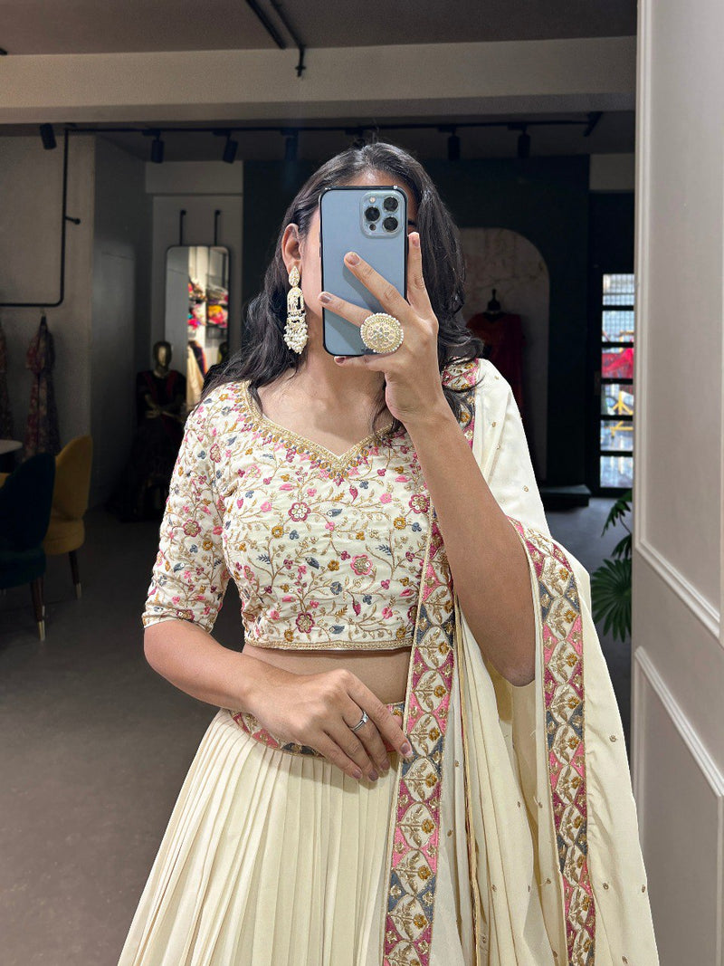Cream Georgette Embroidery work Lehenga Choli with Dupatta | Bridesmaid Wedding Lehenga Choli for women