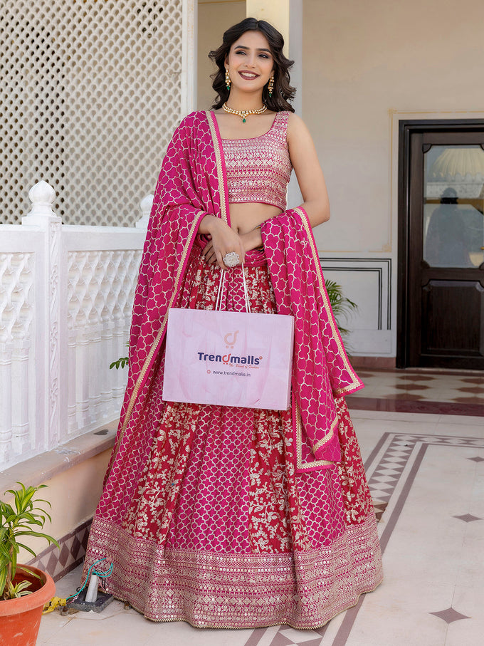 Pink Art Silk Embroidery Work Lehenga Choli with Dupatta | Bridal Sangeet Lehenga Choli for women Trendmalls