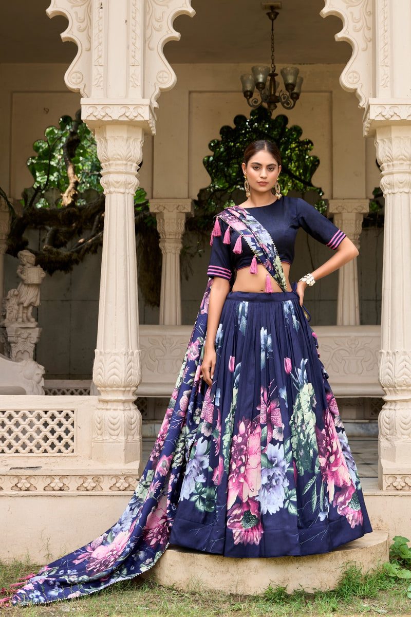 Blue Jam Satin Flower Printed Semi-Stitched Lehenga Choli with Dupatta For Women's