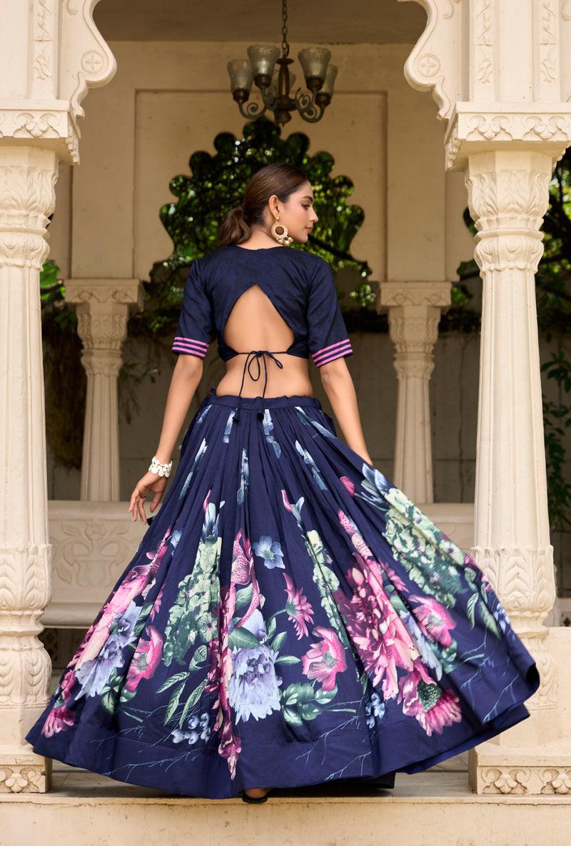 Blue Jam Satin Flower Printed Semi-Stitched Lehenga Choli with Dupatta For Women's