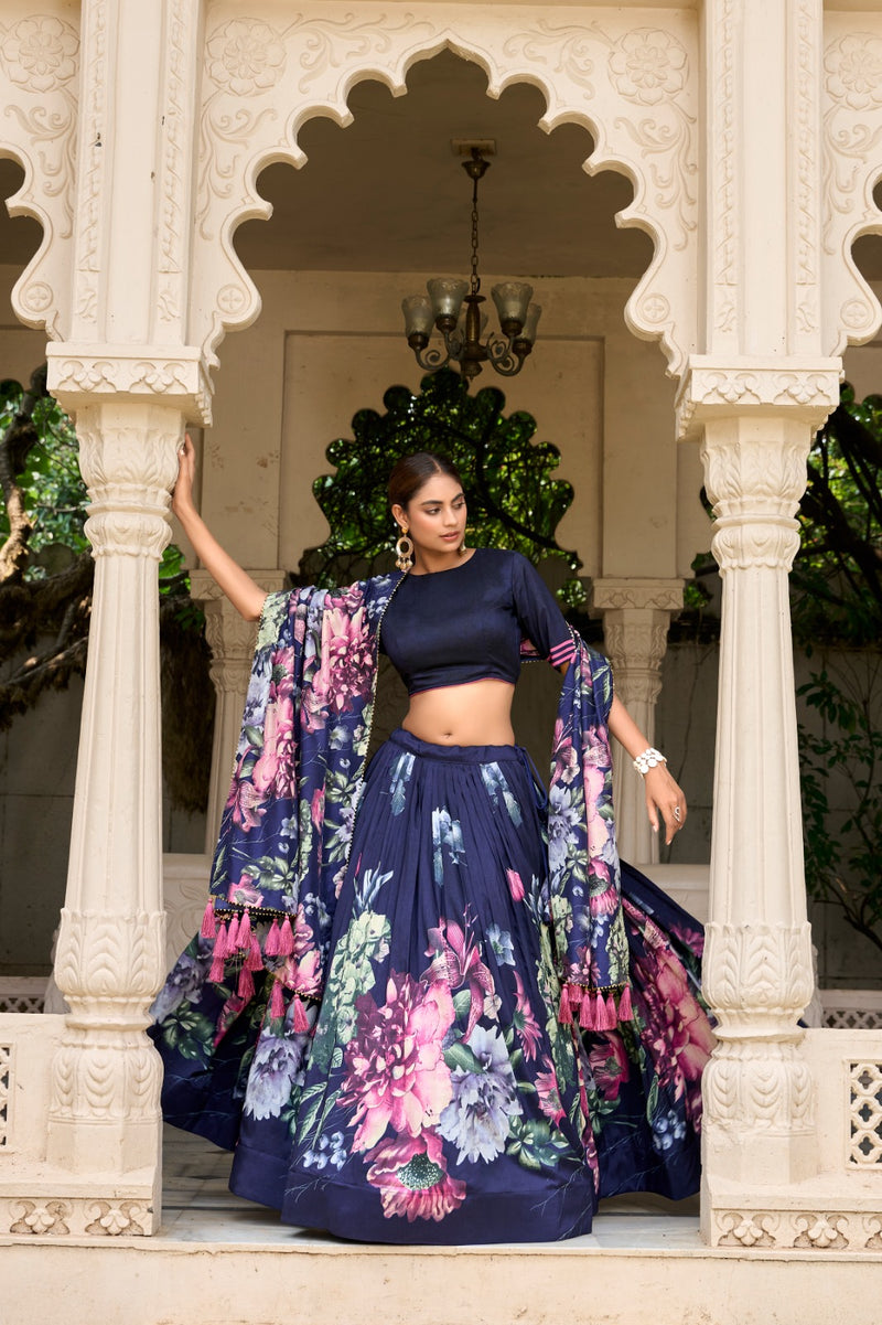 Blue Jam Satin Flower Printed Semi-Stitched Lehenga Choli with Dupatta For Women's