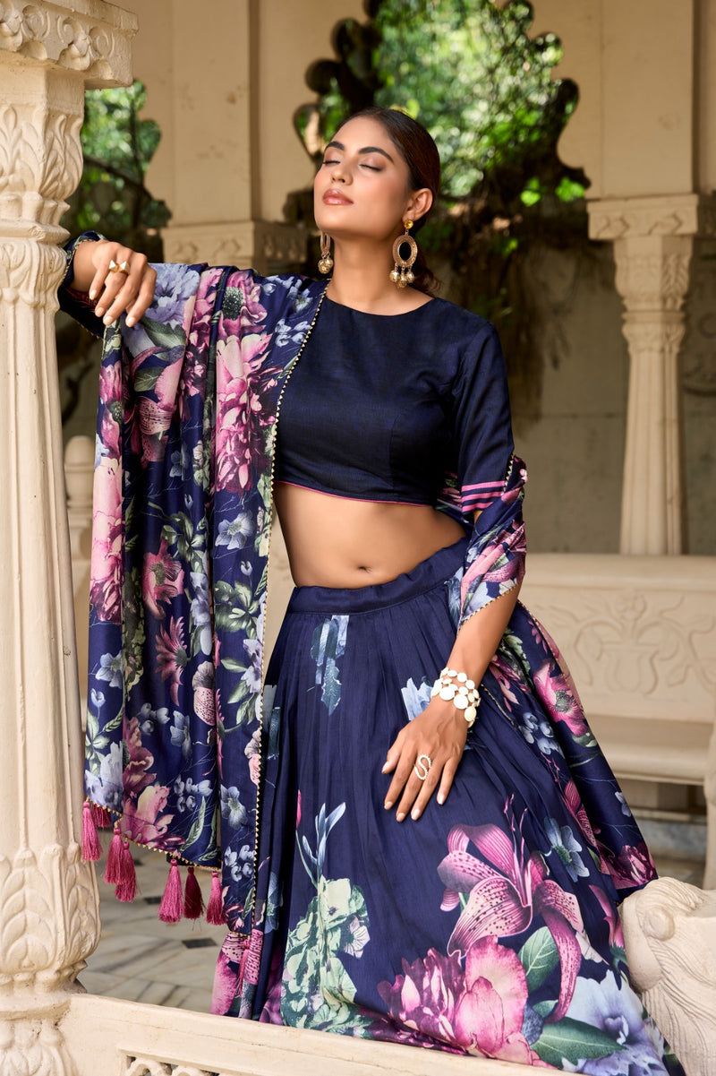 Blue Jam Satin Flower Printed Semi-Stitched Lehenga Choli with Dupatta For Women's