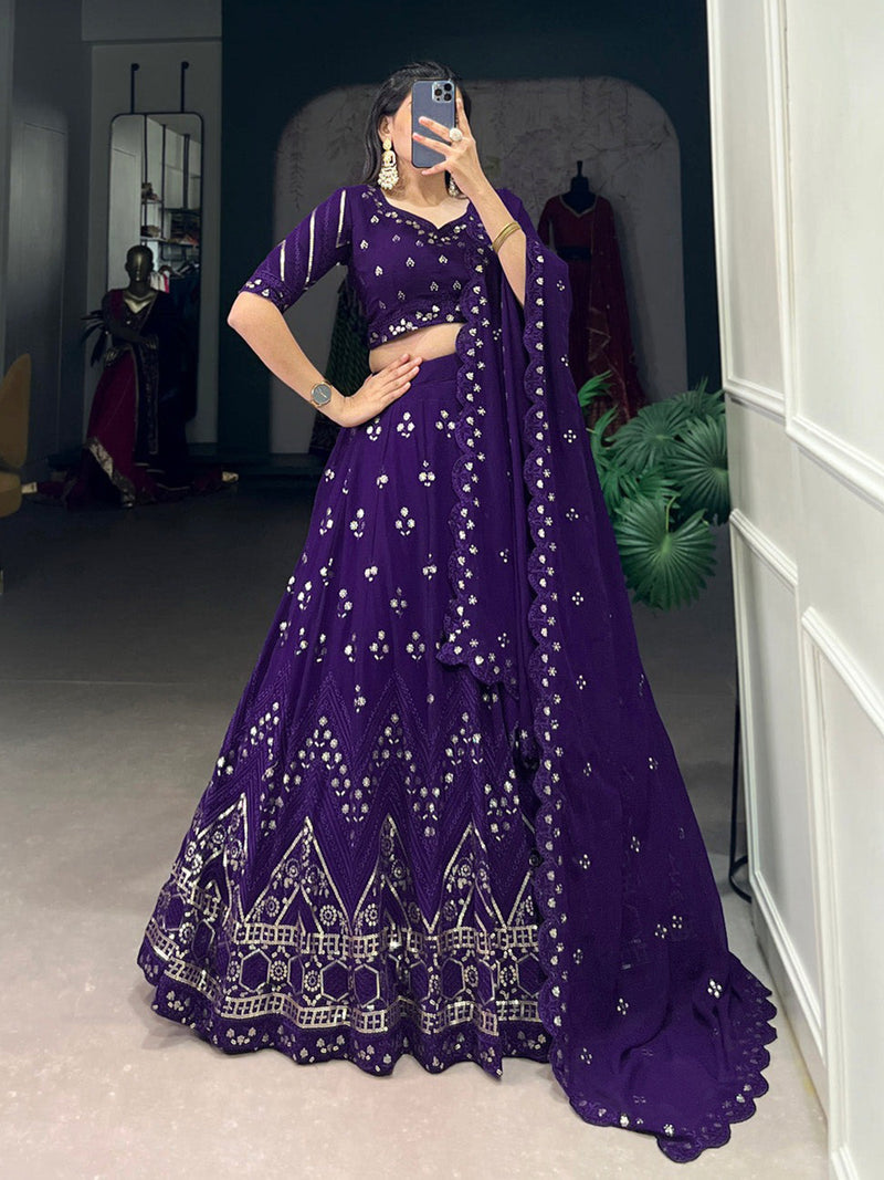 Purple Georgette Embroidery Sequin Lehenga Choli Dupatta Set
