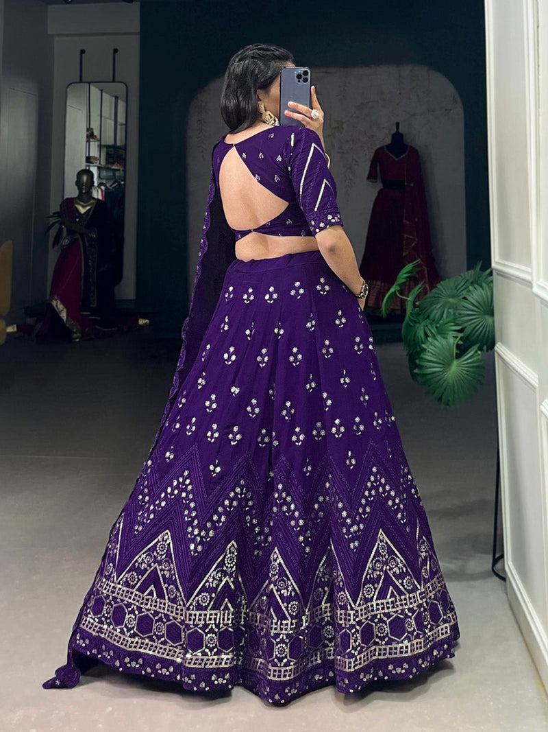 Purple Georgette Embroidery Sequin Lehenga Choli Dupatta Set