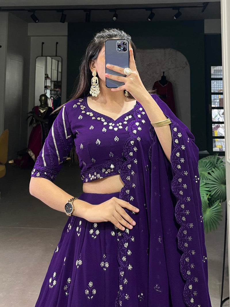 Purple Georgette Embroidery Sequin Lehenga Choli Dupatta Set