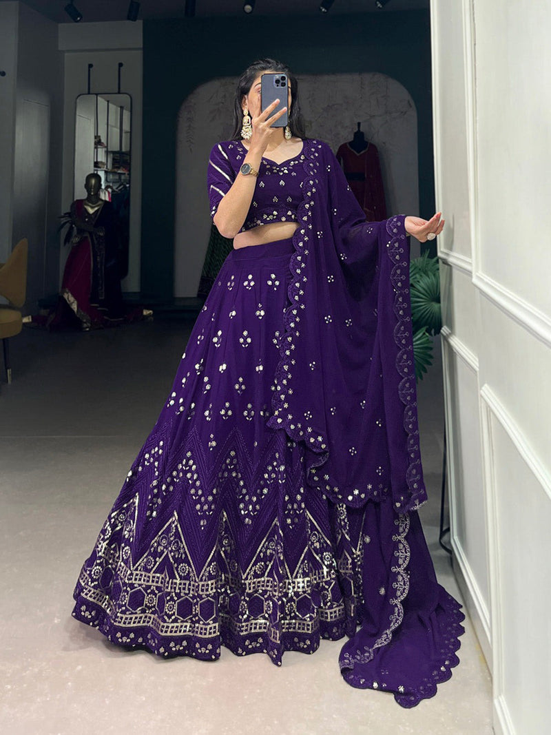 Purple Georgette Embroidery Sequin Lehenga Choli Dupatta Set