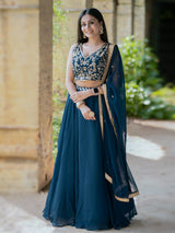 Morpeach Georgette Plain Lehenga with Embroidery work Choli Dupatta Set