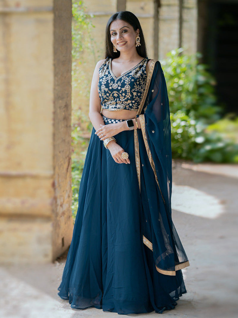 Morpeach Georgette Plain Lehenga with Embroidery work Choli Dupatta Set