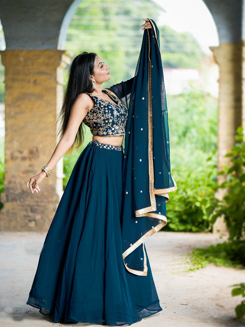 Morpeach Georgette Plain Lehenga with Embroidery work Choli Dupatta Set