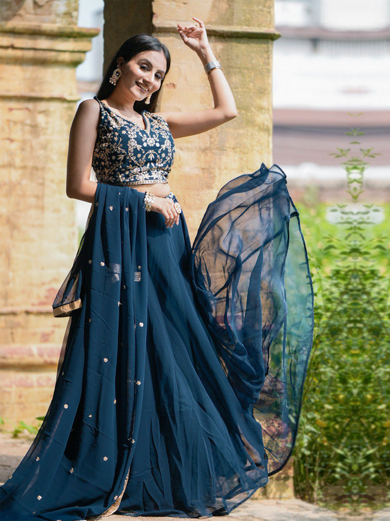 Morpeach Georgette Plain Lehenga with Embroidery work Choli Dupatta Set