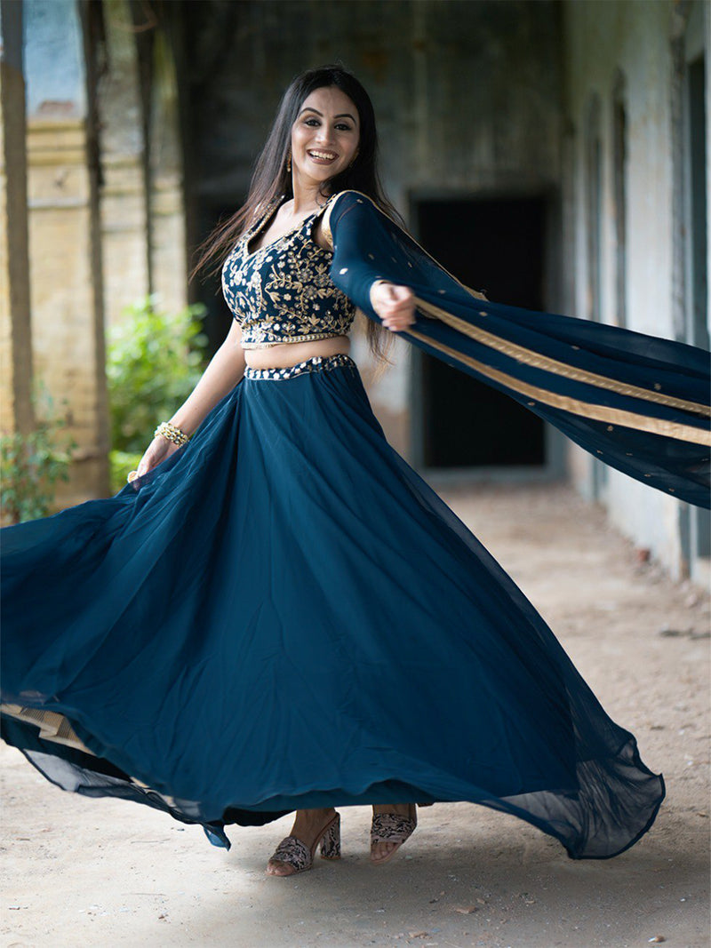 Morpeach Georgette Plain Lehenga with Embroidery work Choli Dupatta Set