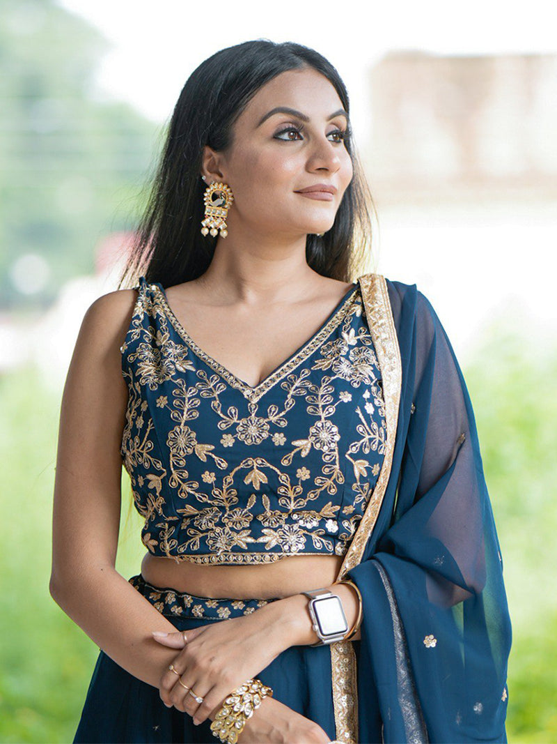 Morpeach Georgette Plain Lehenga with Embroidery work Choli Dupatta Set
