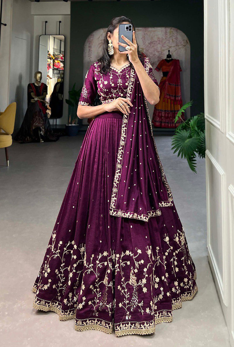 Purple Art Silk Embroidery Sequin work Lehenga Choli with Dupatta-SemiStitch | Stylish Wedding Lehenga Choli for women