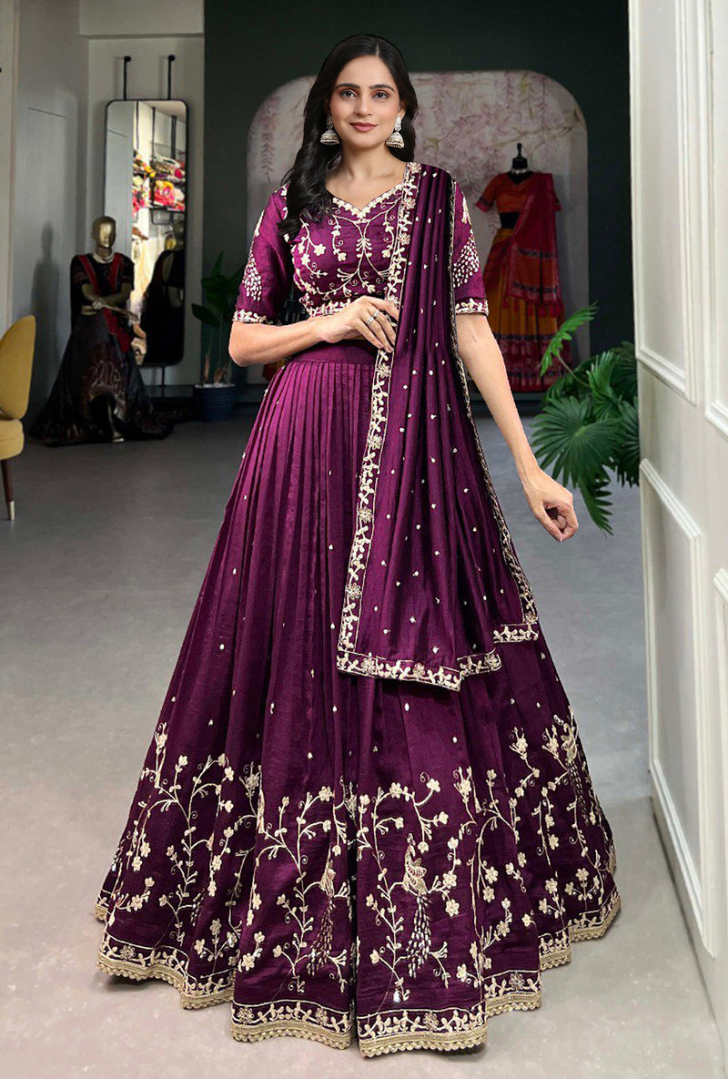 Purple Art Silk Embroidery Sequin work Lehenga Choli with Dupatta-SemiStitch | Stylish Wedding Lehenga Choli for women