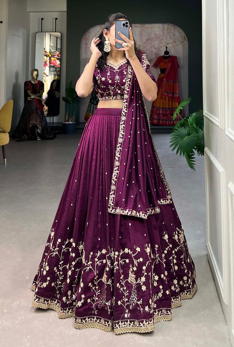 Purple Art Silk Embroidery Sequin work Lehenga Choli with Dupatta-SemiStitch | Stylish Wedding Lehenga Choli for women