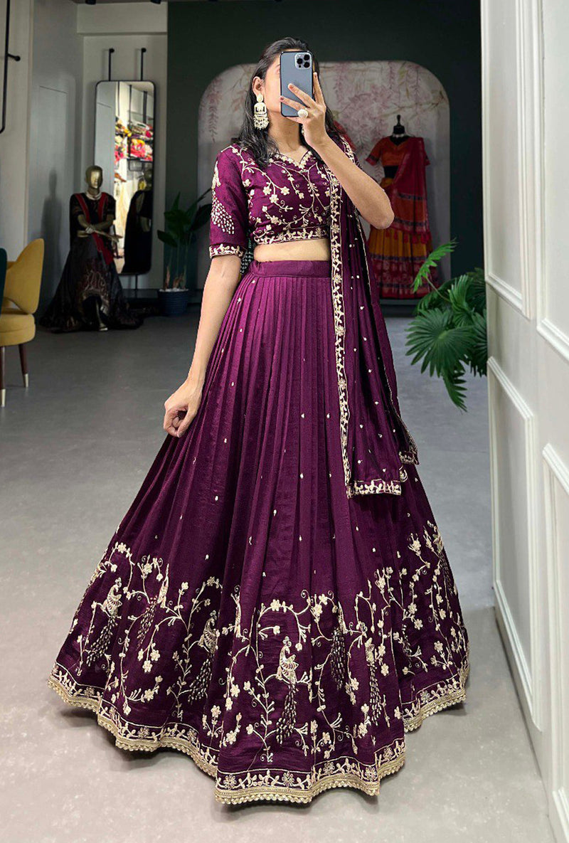 Purple Art Silk Embroidery Sequin work Lehenga Choli with Dupatta-SemiStitch | Stylish Wedding Lehenga Choli for women