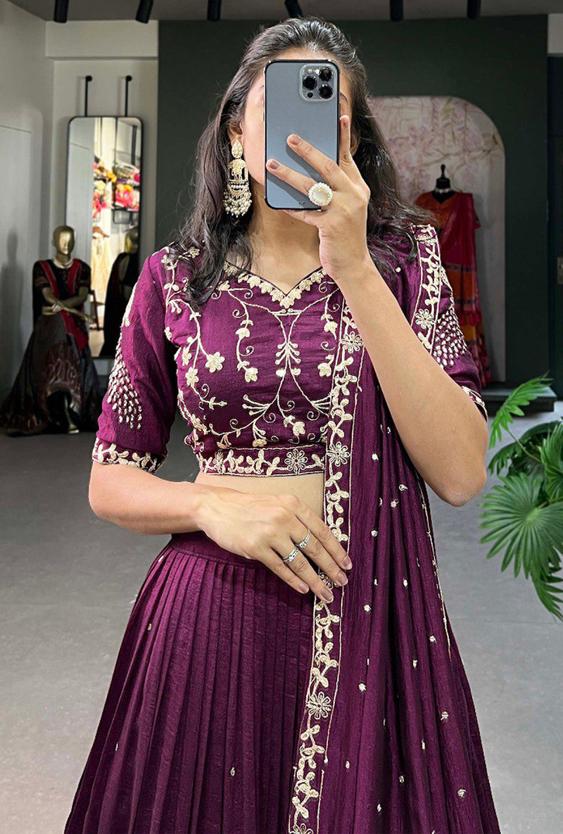 Purple Art Silk Embroidery Sequin work Lehenga Choli with Dupatta-SemiStitch | Stylish Wedding Lehenga Choli for women