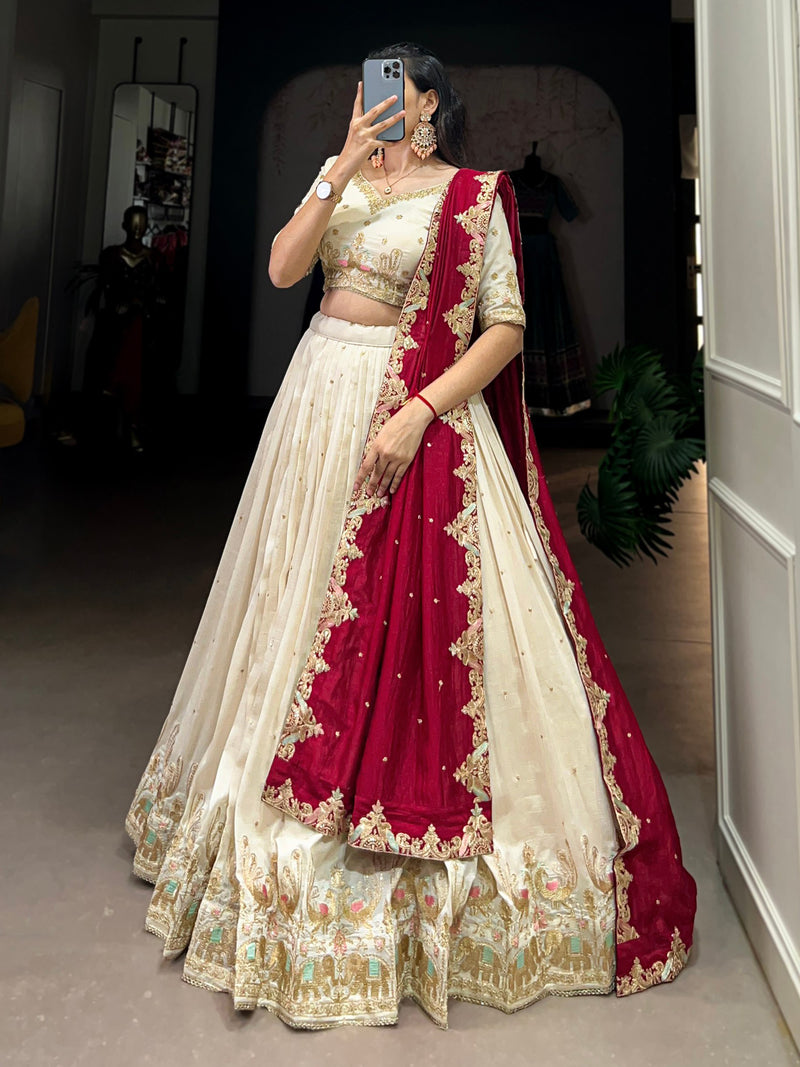 Offwhite Art Silk Embroidery Sequin work Lehenga Choli with Dupatta-SemiStitch | Stylish Wedding Lehenga Choli for women