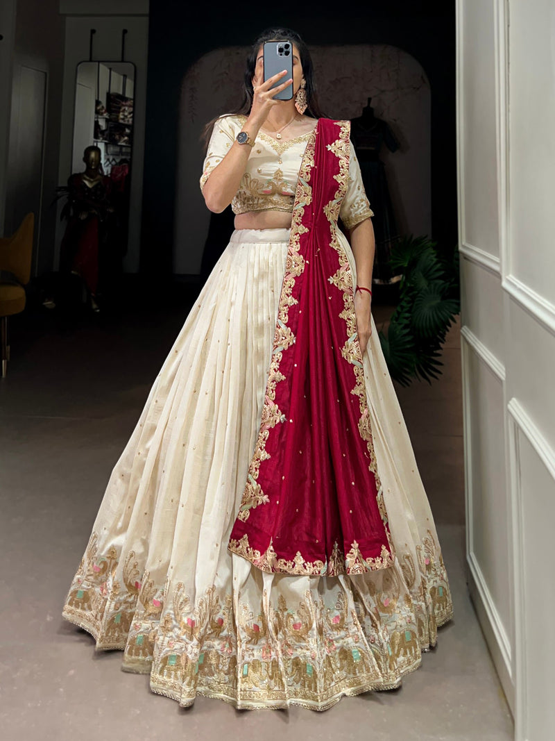 Offwhite Art Silk Embroidery Sequin work Lehenga Choli with Dupatta-SemiStitch | Stylish Wedding Lehenga Choli for women