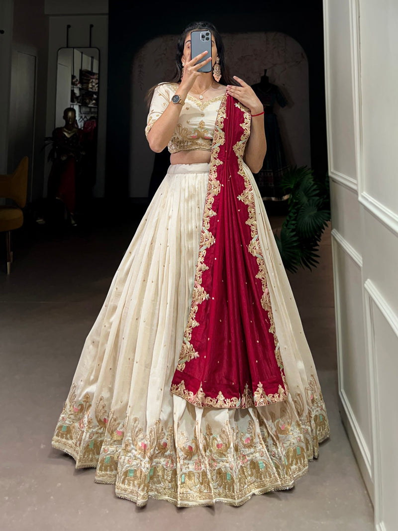 Offwhite Art Silk Embroidery Sequin work Lehenga Choli with Dupatta-SemiStitch | Stylish Wedding Lehenga Choli for women