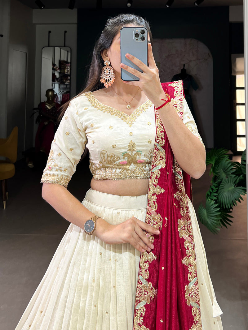Offwhite Art Silk Embroidery Sequin work Lehenga Choli with Dupatta-SemiStitch | Stylish Wedding Lehenga Choli for women