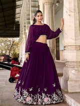 Purple Georgette Sequins Embroidery Work Crop Top SemiStitch Lehenga with Unstitch Crop Top Trendmalls